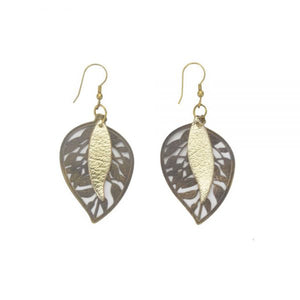Earrings - Summer Orchard Etched Brass Leaf with Leather